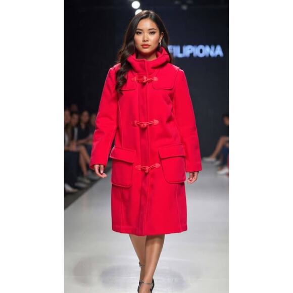 Benetton Wool Duffle Toggle Peacoat Sz S Red Hooded Classic Paddington Bear - Picture 1 of 13